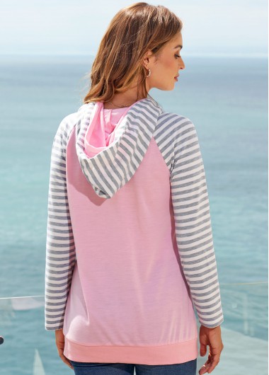 Pink tops,Striped tops,ROTITA Striped Kangaroo Pocket Long Sleeve Hoodie