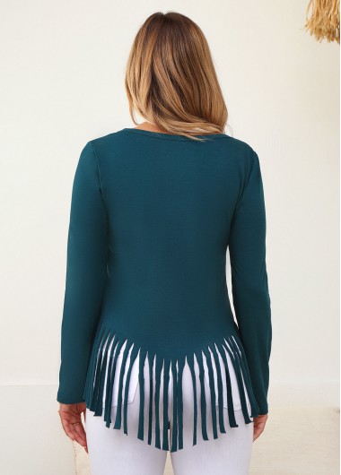 Peacock Blue tops,Plain Color tops,ROTITA Solid Tassel Round Neck Long Sleeve T Shirt