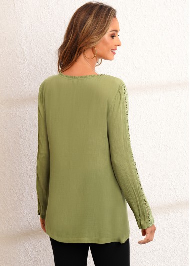 Olive Green tops,Plain Color tops,ROTITA Lace Stitching Crinkle Chest Long Sleeve Blouse