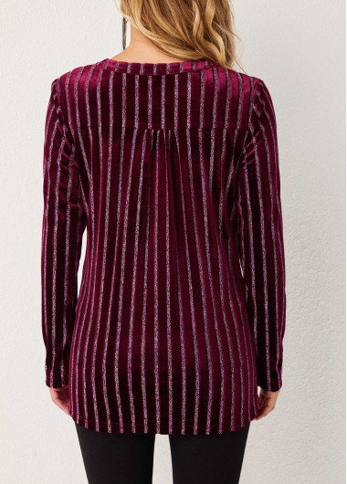 Red tops,Striped tops,ROTITA Stripe Print Round Neck Long Sleeve Blouse