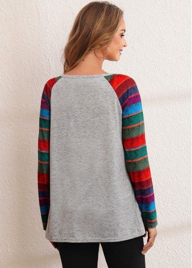 Grey tops,Striped tops,ROTITA Kangaroo Pocket Rainbow Stripe Long Sleeve Sweatshirt