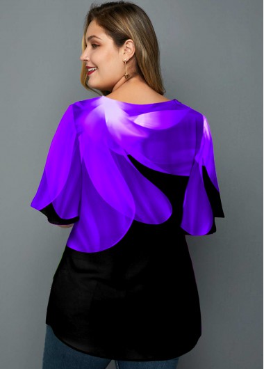 Purple plus size,Floral plus size,ROTITA Floral Print Plus Size Round Neck T Shirt