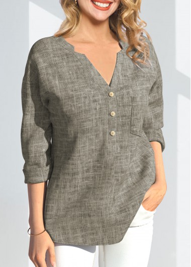 Grey tops,Plain Color tops,ROTITA V Neck Linen 3/4 Sleeve T Shirt