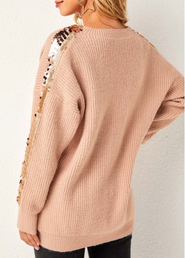 Light Coffee tops,Plain Color tops,ROTITA Sequin Khaki Long Sleeve V Neck Sweater