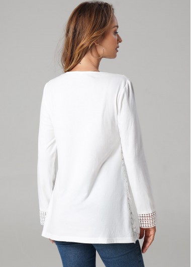 White tops,Plain Color tops,ROTITA Solid Lace Splicing V Neck Long Sleeve T Shirt