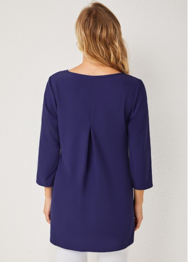 Blue tops,Plain Color tops,ROTITA 3/4 Sleeve Crossover Hem Asymmetric Neck T Shirt