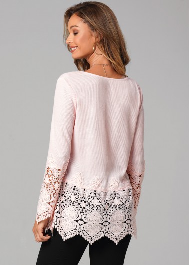 Pink tops,Plain Color tops,ROTITA Round Neck Lace Stitching Long Sleeve Valentines T Shirt
