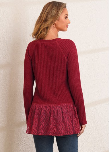 Red tops,Plain Color tops,ROTITA Solid Lace Patchwork V Neck Long Sleeve T Shirt