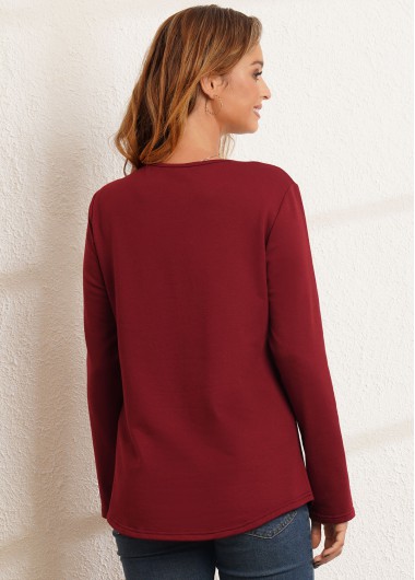 Red tops,Plain Color tops,ROTITA Round Neck Decorative Button Long Sleeve Valentines T Shirt