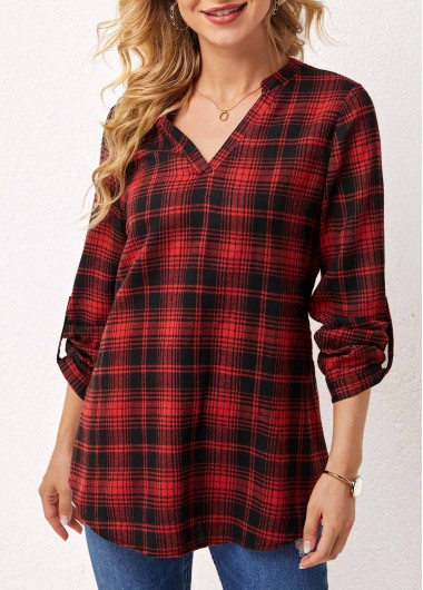 Red tops,Plaid tops,ROTITA Plaid Split Neck Long Sleeve Blouse