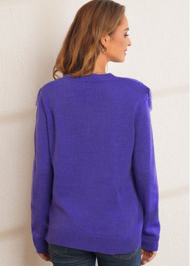 Purple tops,Plain Color tops,Solid Tassel Round Neck Long Sleeve Sweater