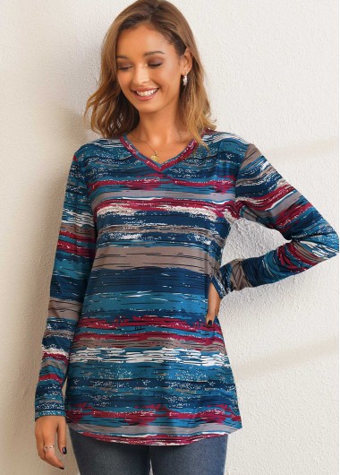 Blue tops,Floral tops,Printed V Neck Long Sleeve T Shirt