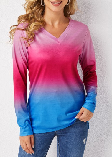 Multi Color tops,Ombre tops,Ombre V Neck Long Sleeve T Shirt