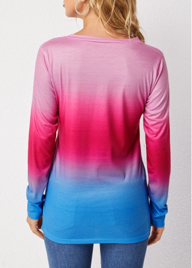 Multi Color tops,Ombre tops,Ombre V Neck Long Sleeve T Shirt