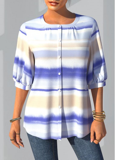 Multi Color tops,Tie Dye tops,ROTITA Tie Dye Three Quarters Sleeve Decorative Button Blouse