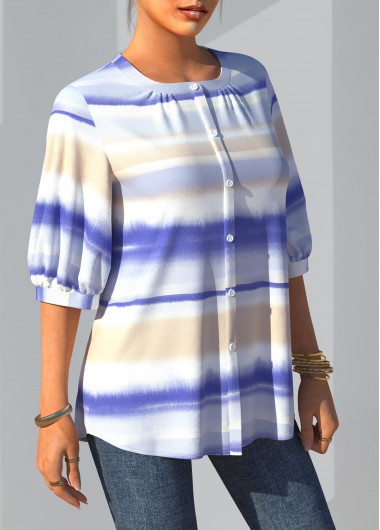 Multi Color tops,Tie Dye tops,ROTITA Tie Dye Three Quarters Sleeve Decorative Button Blouse