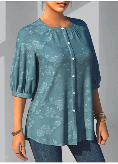 Blue tops,Plain Color tops,ROTITA Button Detail 3/4 Sleeve Solid Blouse
