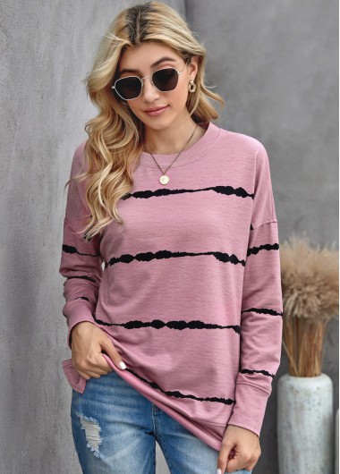 Pink tops,Striped tops,Striped Long Sleeve Round Neck Sweatshirt