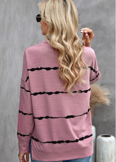 Pink tops,Striped tops,Striped Long Sleeve Round Neck Sweatshirt