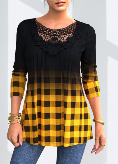 Yellow tops,Plaid tops,ROTITA Ombre Plaid Lace Stitching Long Sleeve Blouse