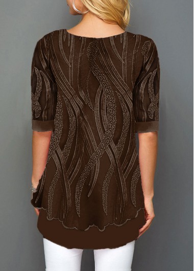 Plain Color tops,ROTITA Layered Hem Round Neck Lace Panel T Shirt