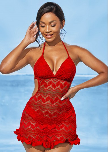 Red swimwear,Plain Color swimwear,ROTITA Halter Lace Solid Open Back Swimdress and Panty