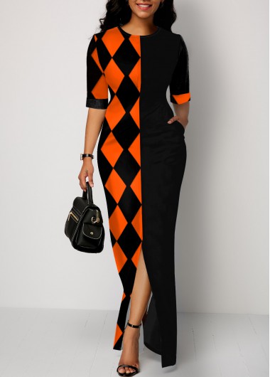 Orange dresses,Geometric dresses,ROTITA Geometric Print Front Slit Hem Round Neck Dress