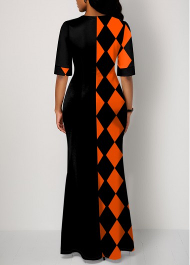 Orange dresses,Geometric dresses,ROTITA Geometric Print Front Slit Hem Round Neck Dress