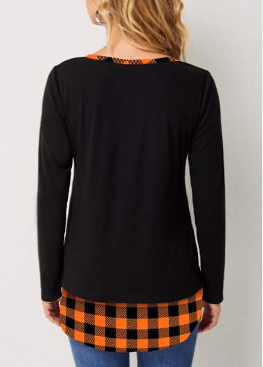 Orange tops,Plaid tops,ROTITA Split Neck Decorative Button Plaid T Shirt