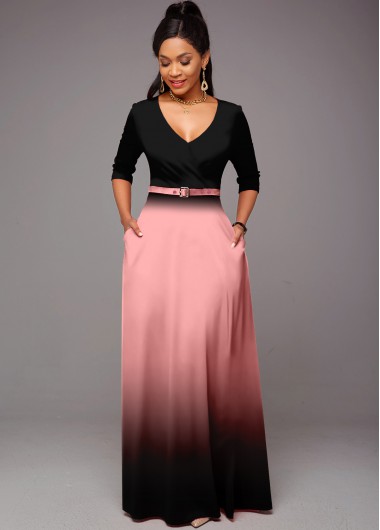 Pink dresses,Ombre dresses,ROTITA Belted Ombre Double Side Pockets V Neck Dress