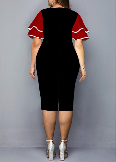 Multi Color plus size,Geometric plus size,ROTITA Layered Bell Sleeve Plus Size Geometric Print Dress