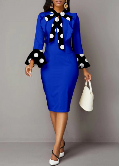Royal Blue dresses,Dot dresses,ROTITA Polka Dot Tie Long Sleeve Dress