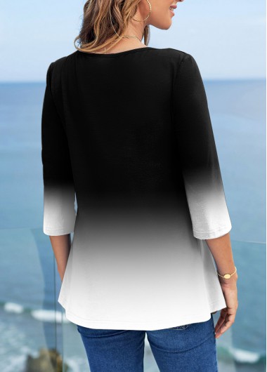 Black tops,Ombre tops,ROTITA Sequin Ombre 3/4 Sleeve Cross Strap T Shirt