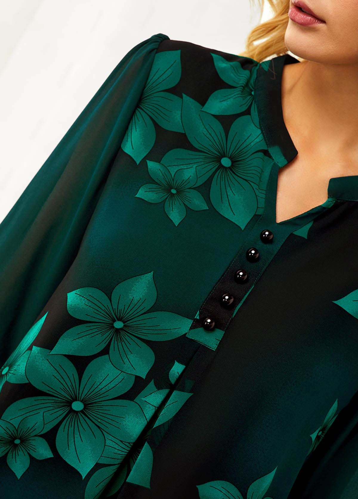 Blackish Green tops,Floral tops,ROTITA Split Neck Button Detail Large Floral Print Blouse