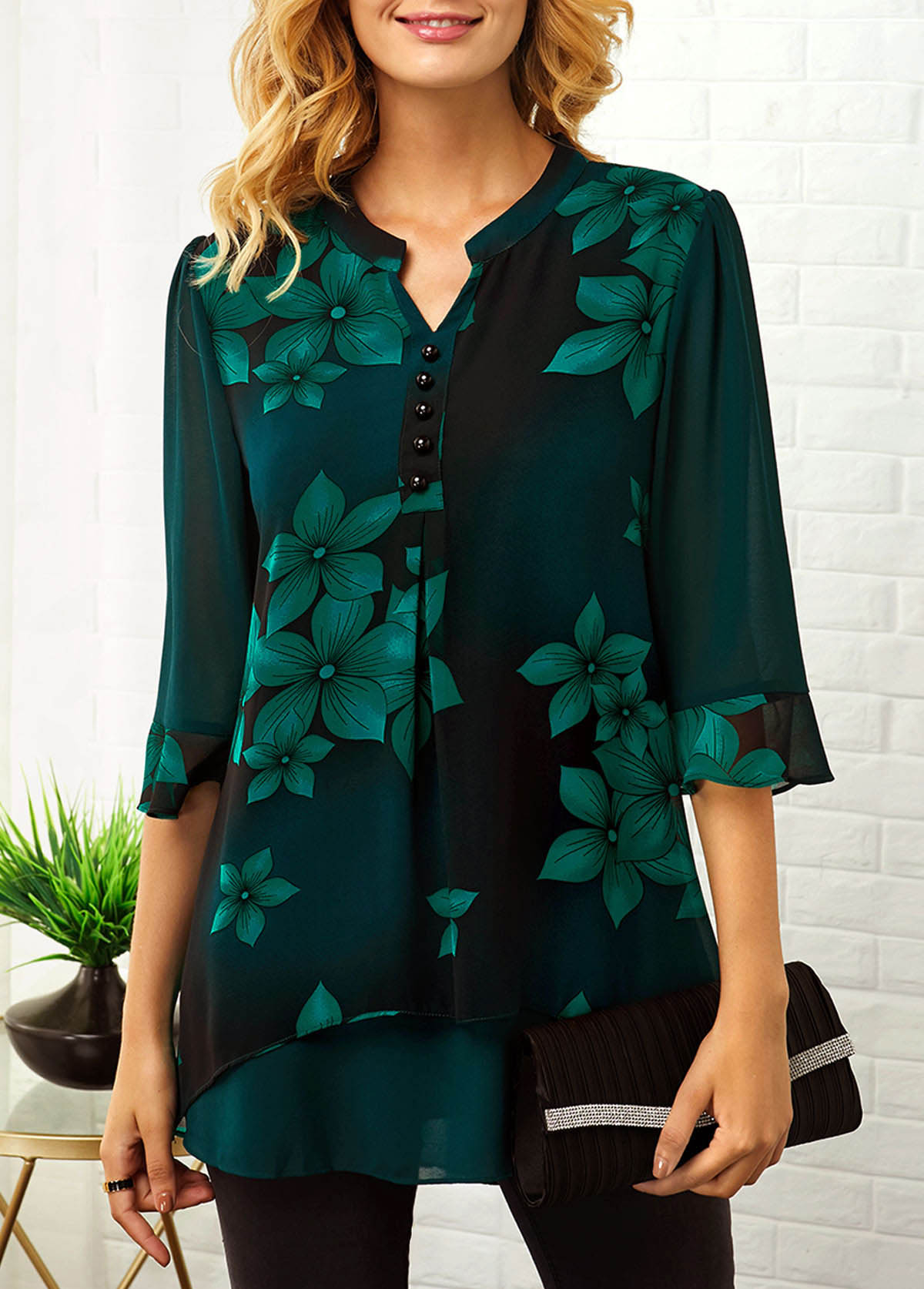 Blackish Green tops,Floral tops,ROTITA Split Neck Button Detail Large Floral Print Blouse