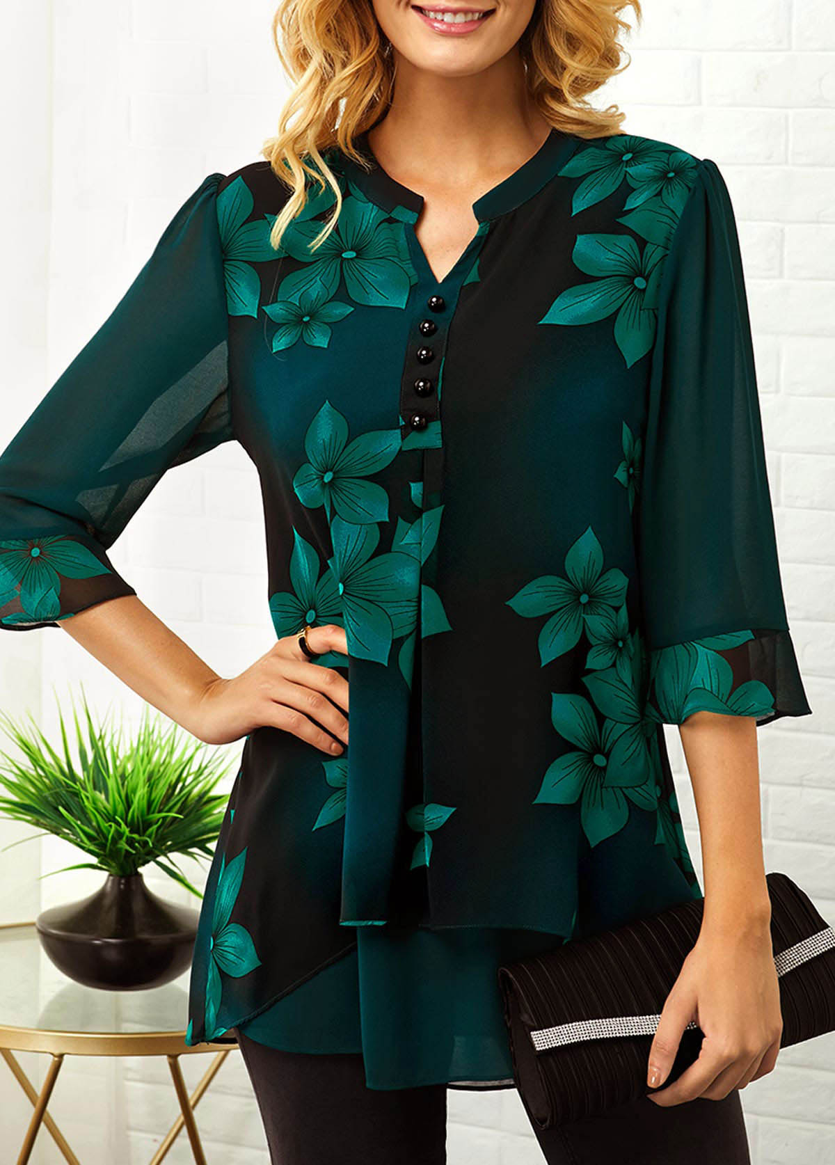 Blackish Green tops,Floral tops,ROTITA Split Neck Button Detail Large Floral Print Blouse