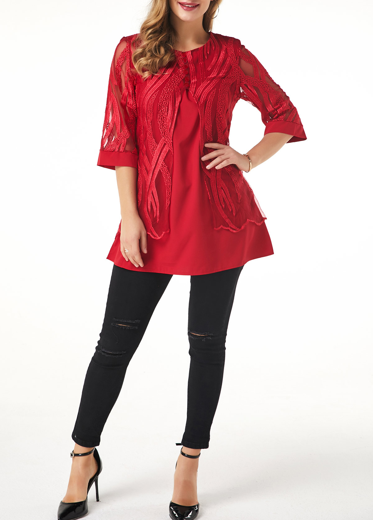 Wine Red tops,Plain Color tops,ROTITA Lace Panel Button Detail Layered Hem T Shirt