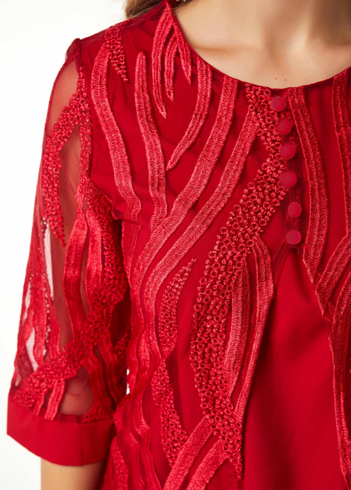 Wine Red tops,Plain Color tops,ROTITA Lace Panel Button Detail Layered Hem T Shirt