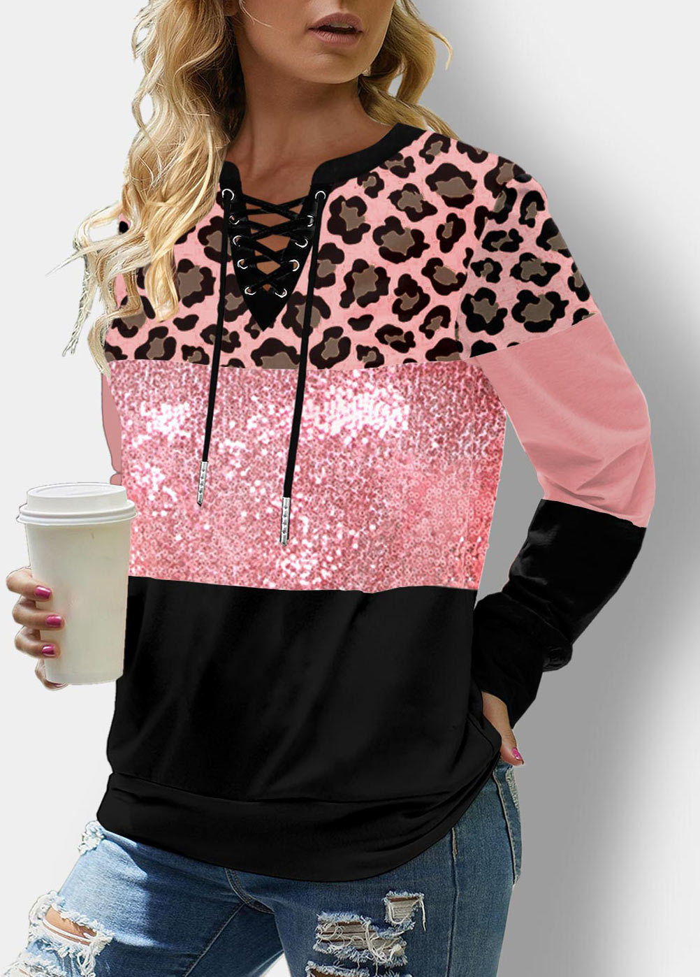 Pink tops,Leopard tops,ROTITA Sequin Panel Lace Up Leopard Sweatshirt