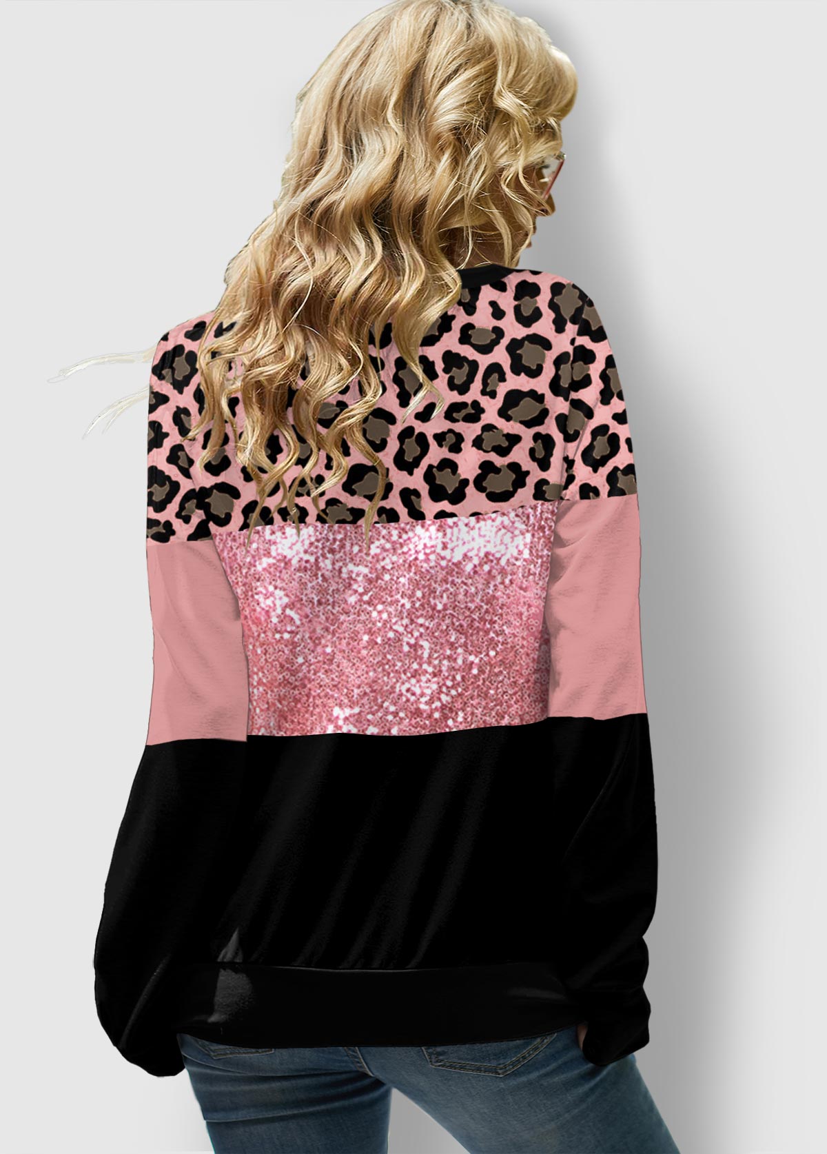 Pink tops,Leopard tops,ROTITA Sequin Panel Lace Up Leopard Sweatshirt