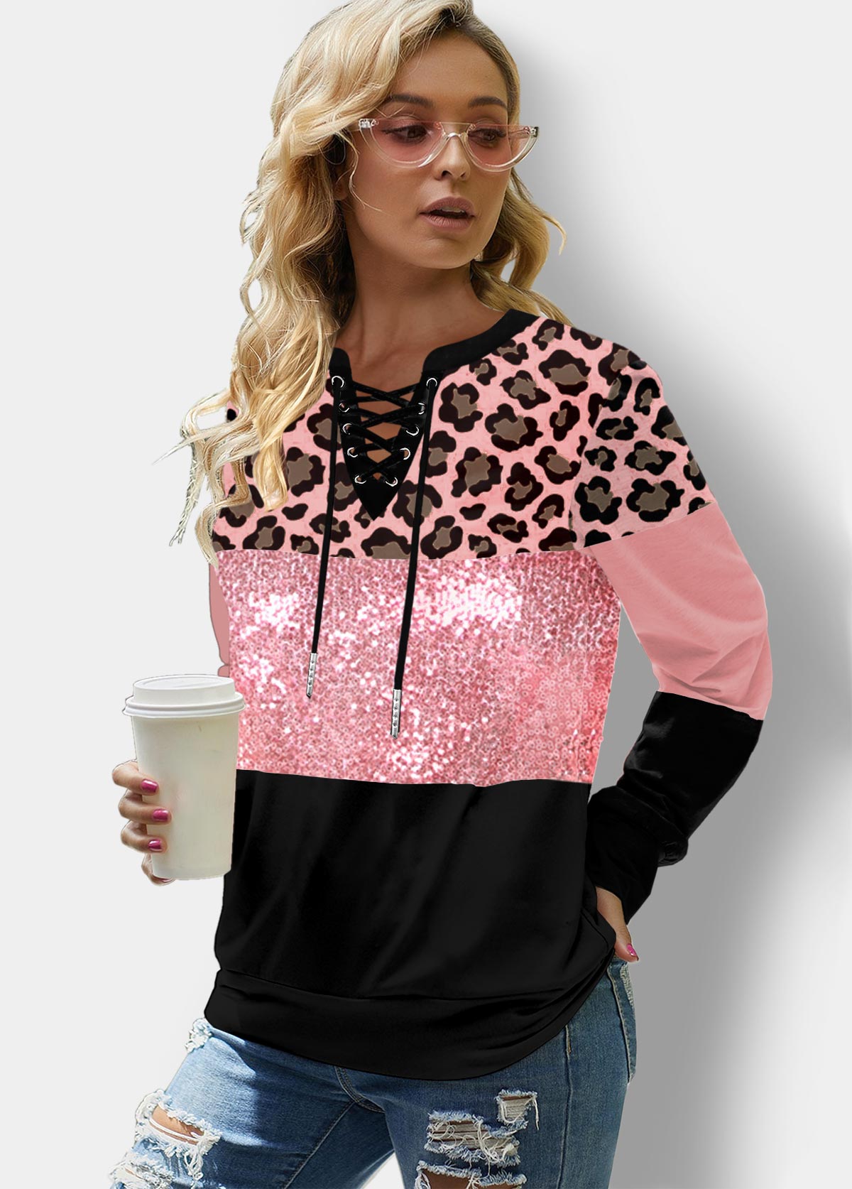 Pink tops,Leopard tops,ROTITA Sequin Panel Lace Up Leopard Sweatshirt
