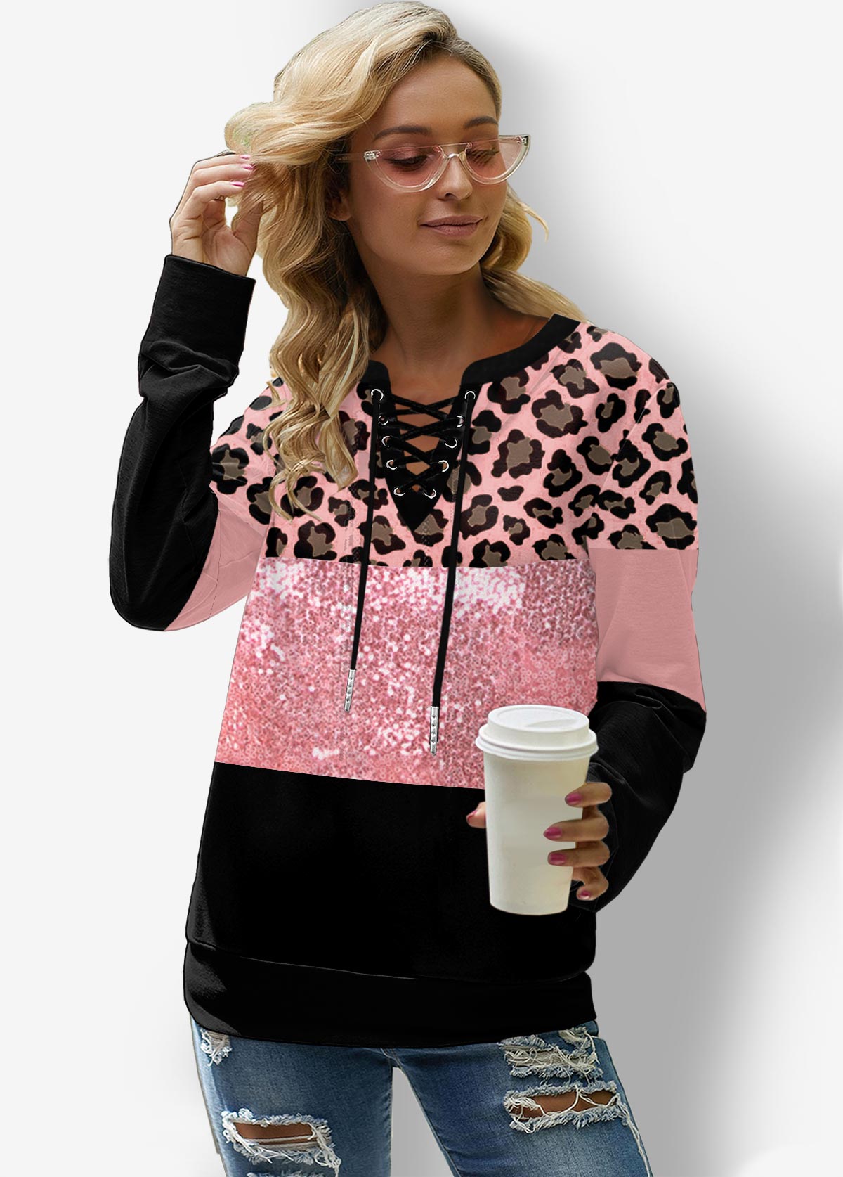 Pink tops,Leopard tops,ROTITA Sequin Panel Lace Up Leopard Sweatshirt