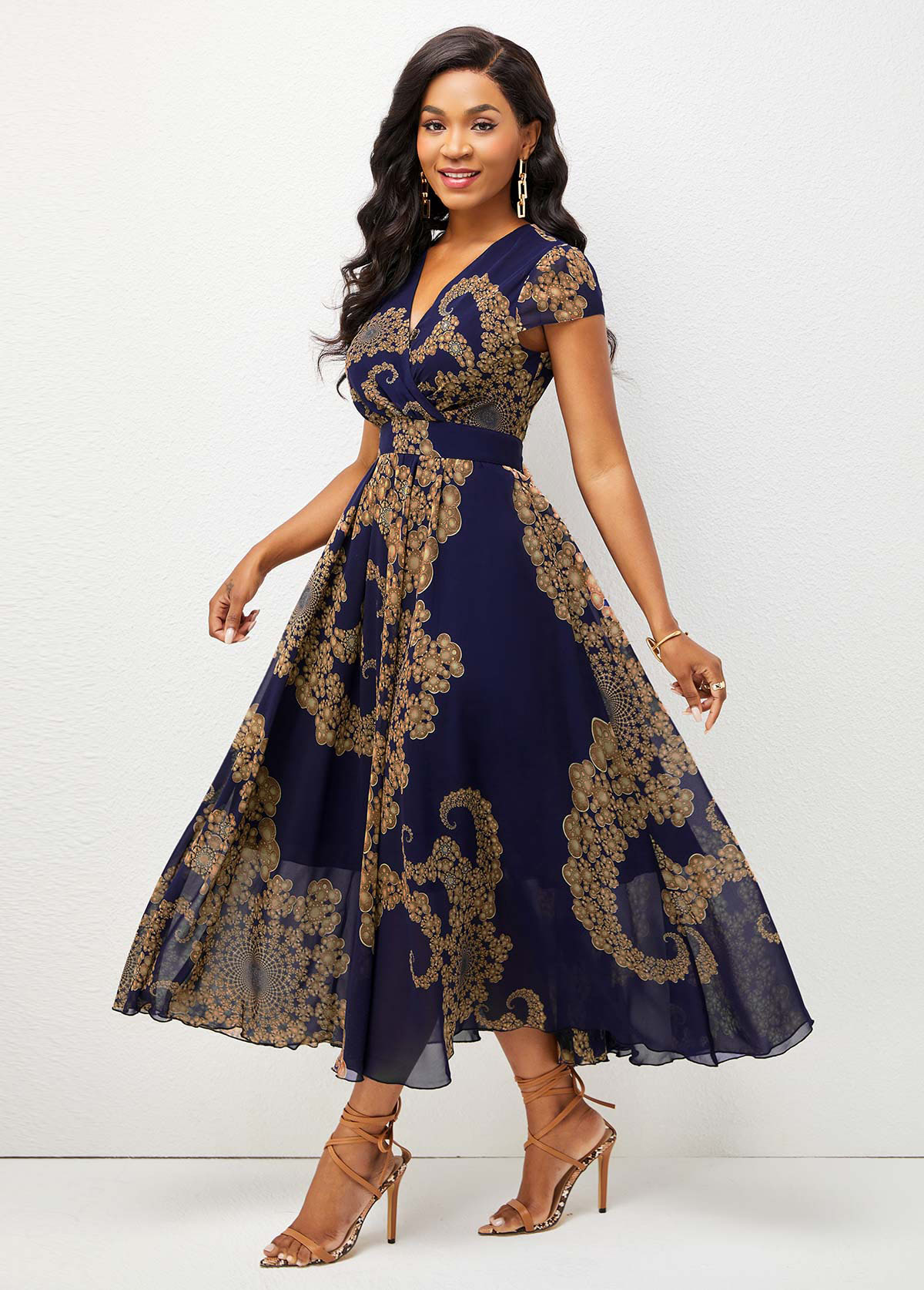 ROTITA Tribal Print V Neck Short Sleeve Dress