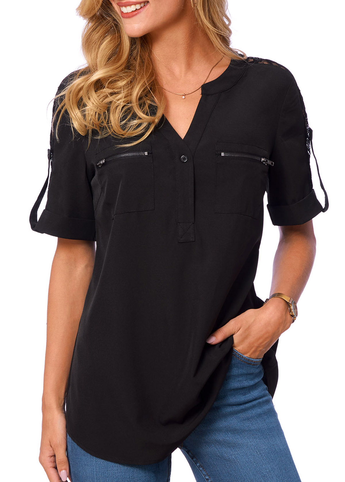 ROTITA Lace Patchwork Solid Split Neck Short Sleeve Blouse