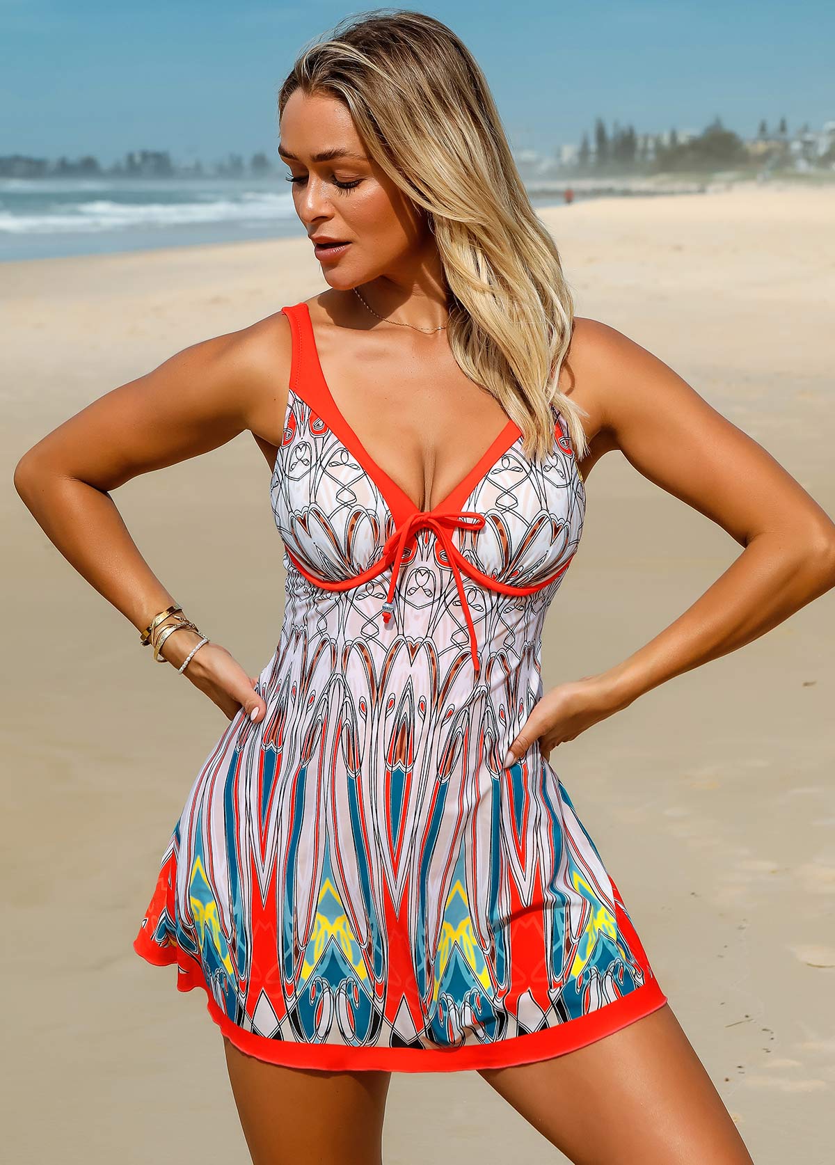 ROTITA Printed Wide Strap Bowknot Swimdress and Shorts