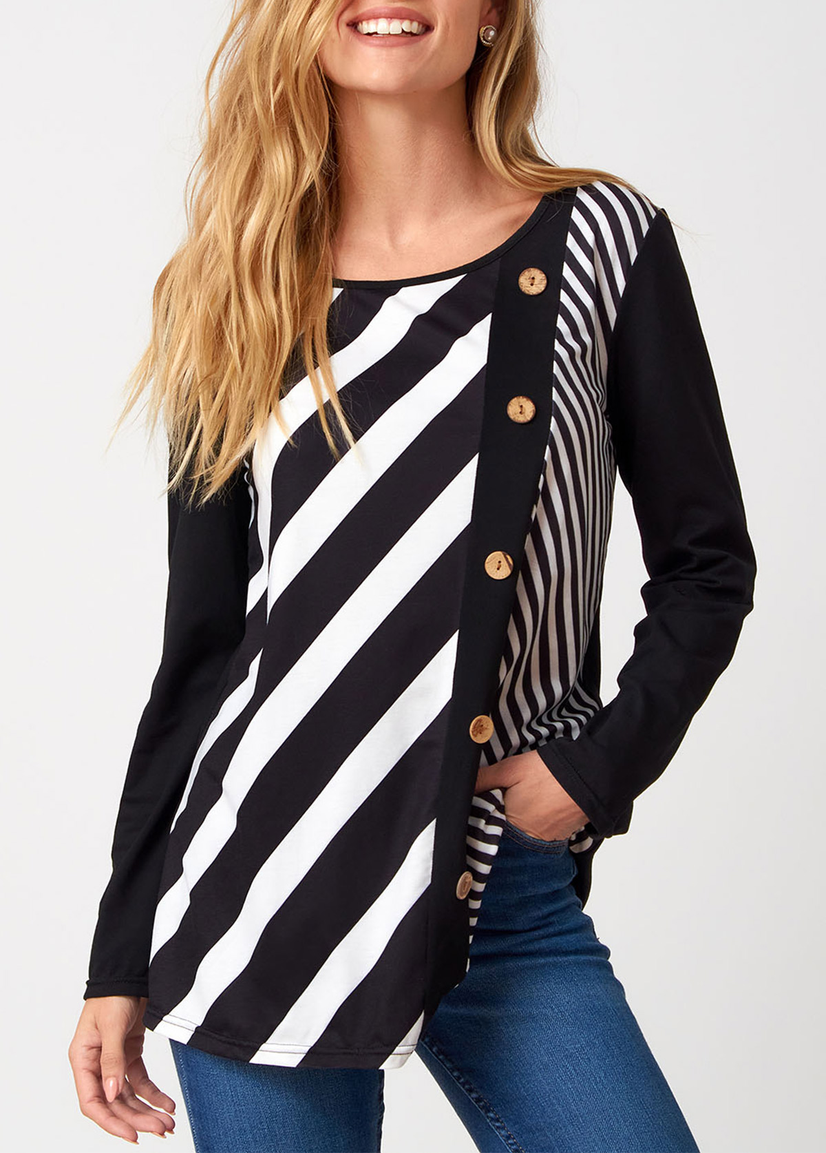 Multi Color tops,Striped tops,ROTITA Stripe Print Decorative Button Round Neck T Shirt