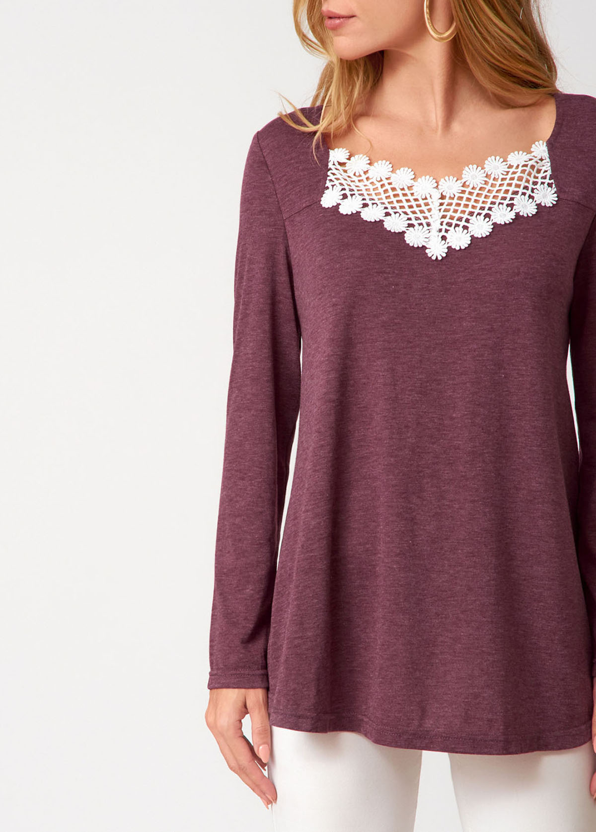 Dark Reddish Purple tops,Plain Color tops,ROTITA Lace Patchwork Dark Reddish Purple T Shirt