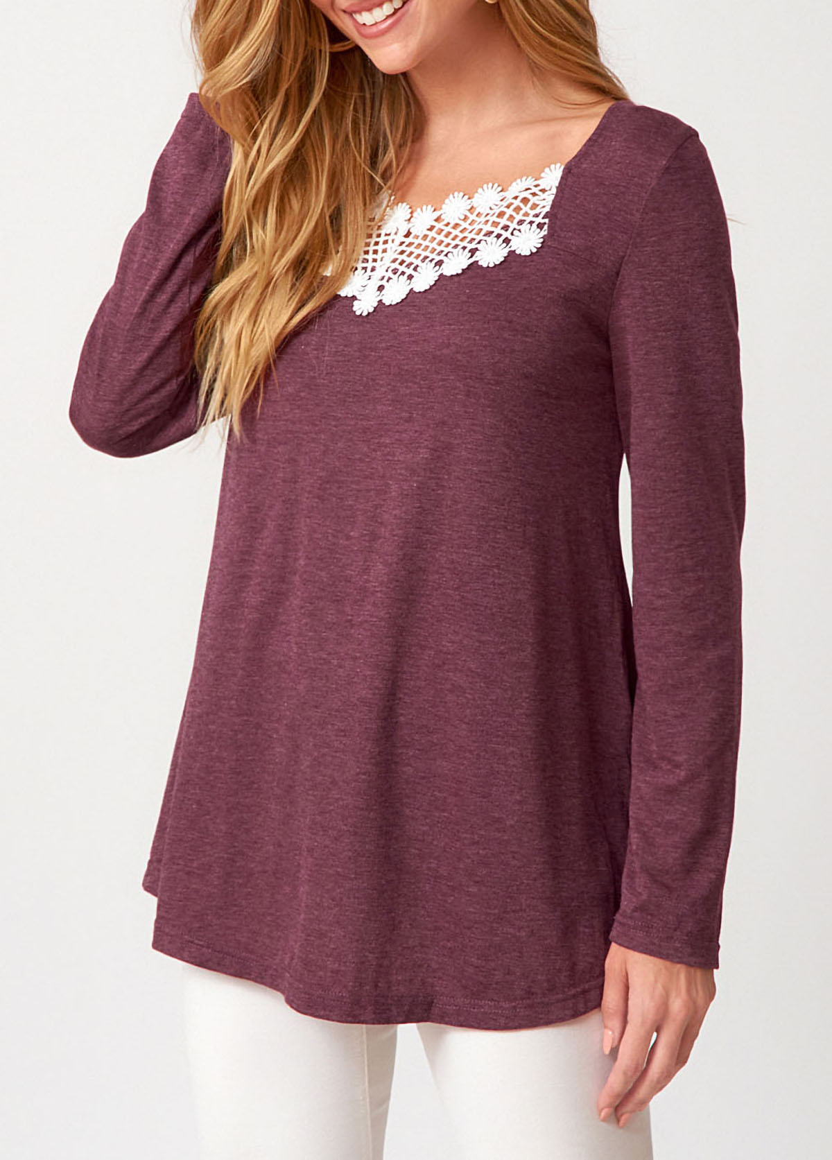 Dark Reddish Purple tops,Plain Color tops,ROTITA Lace Patchwork Dark Reddish Purple T Shirt