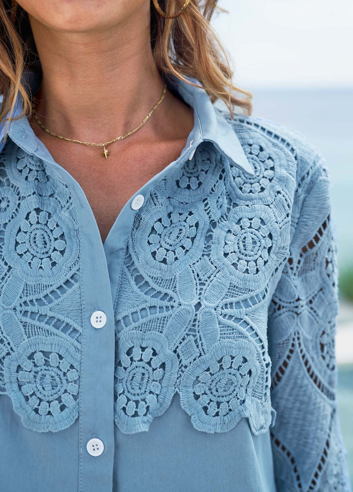 Blue tops,Plain Color tops,ROTITA Lace Stitching Faux Denim Turndown Collar Blouse