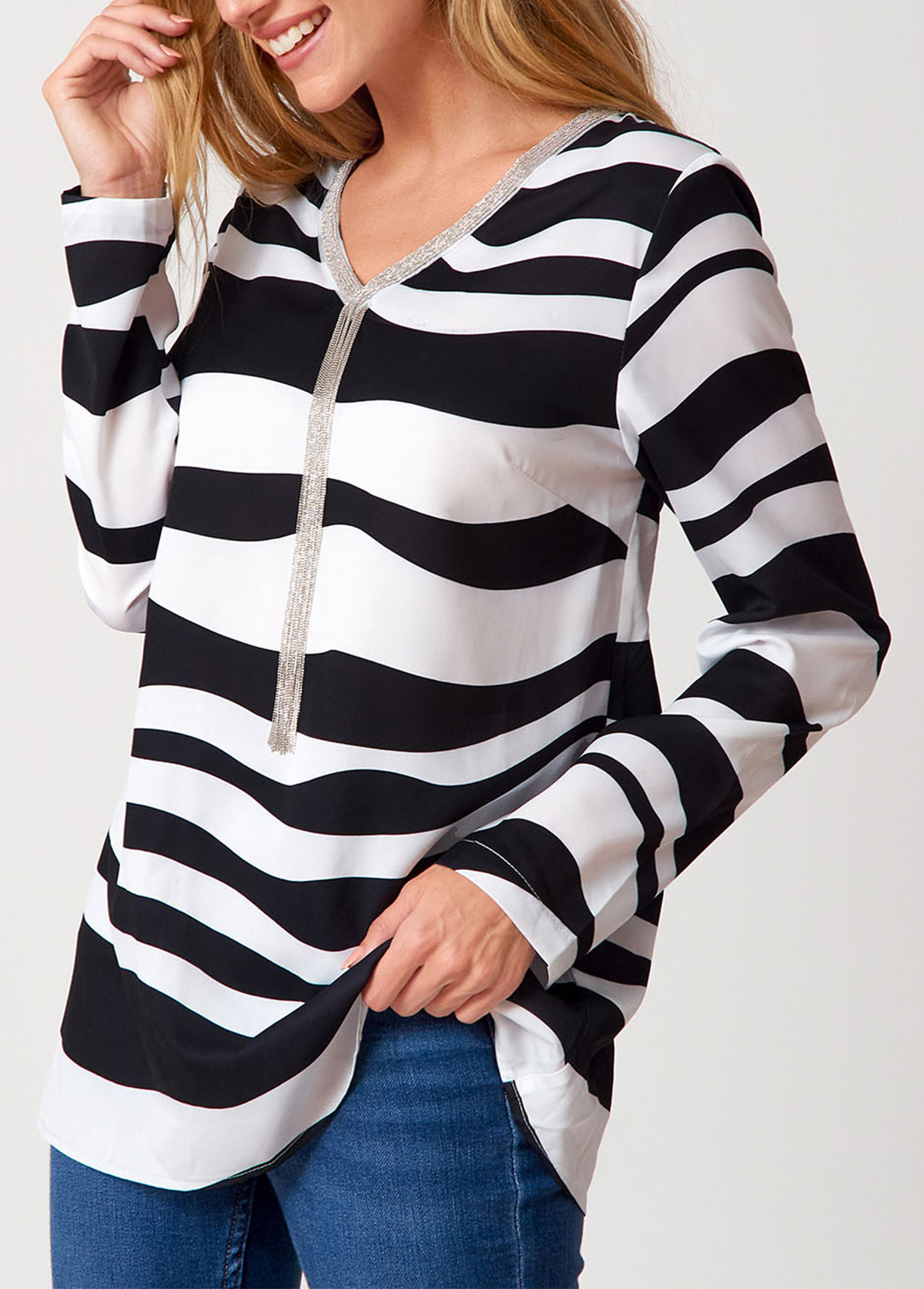 Multi Color tops,Striped tops,ROTITA Tassel Striped V Neck Long Sleeve Blouse